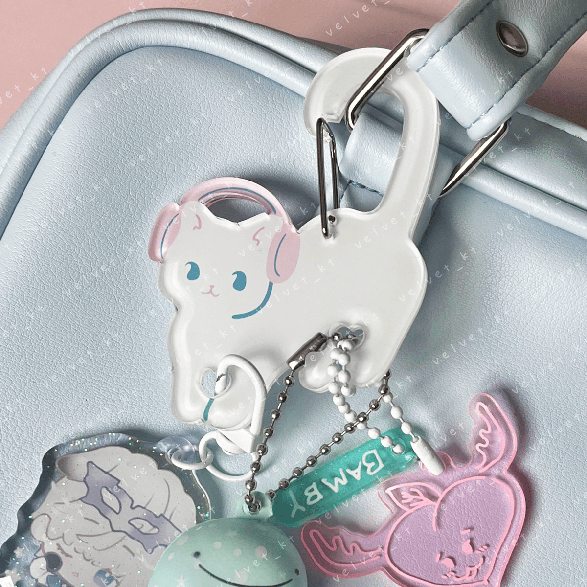 Headphones White Cat Carabiner Clip - charm and trinket holder